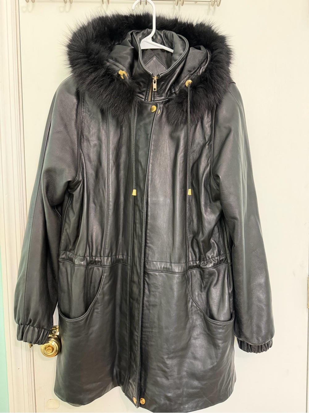 Worthington Genuine Lambskin Leather coat Black M zip up removable faux fur hood